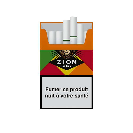 Boîte de cigarettes CBD ZION Amnesia avec cigarettes visibles en haut, motif lion.