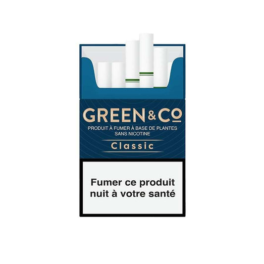Boîte de pré-rouleaux CBD GREEN&Co Classic, sans nicotine, avec rouleaux visibles.