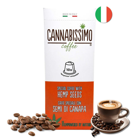Boîte de café Cannabissimo aux graines de chanvre, 10 capsules, avec tasse et grains.