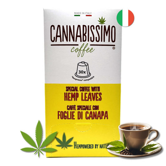 Boîte de café Cannabissimo chanvre, 30 capsules, tasse et dosette