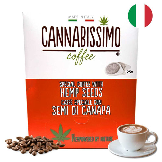 Boîte de 25 dosettes de café Cannabissimo au chanvre, tasse et grains