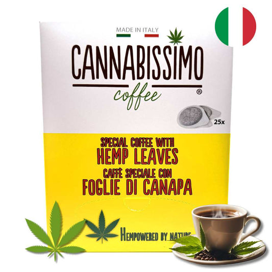 Boîte de dosettes de café Cannabissimo avec tasse et feuilles de chanvre, 25 unités