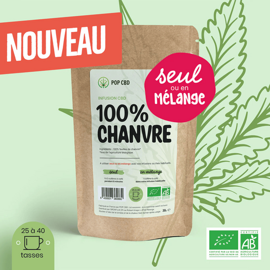 Tisane bio 100% chanvre 30 g en sachet kraft POP CBD, nouveau