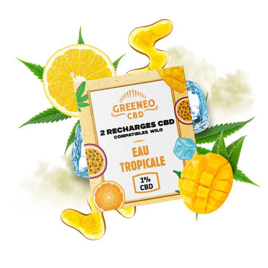 Coffret GREENEO CBD 2 recharges, eau tropicale 1% : boîtier avec flacon et motifs fruits.