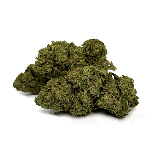 Fleurs de CBD vertes, têtes denses et bouquets irréguliers, avec tige