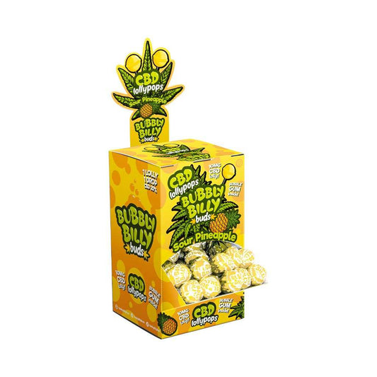 Boîte de 100 sucettes CBD ananas sure BUBBLY BILLY, emballage jaune