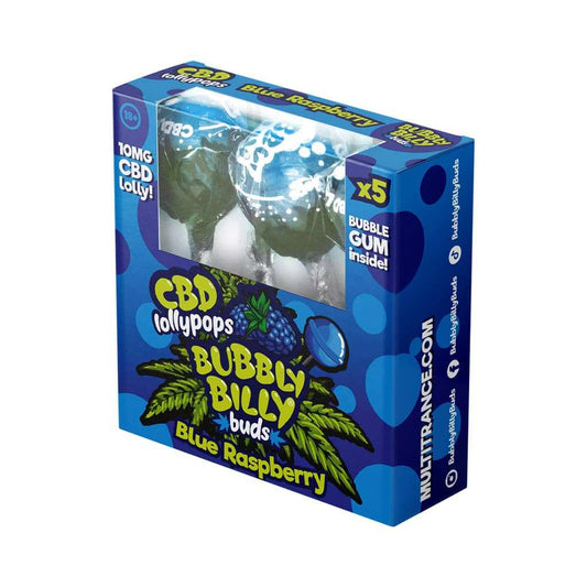 Boîte de 5 sucettes CBD Blue Raspberry, emballage bleu