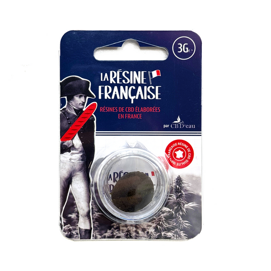 Résine CBD noire de 3 g en sachet blister, marquage La Résine Française.