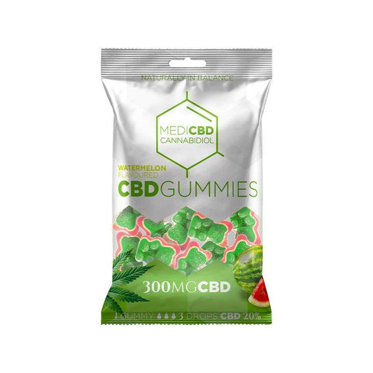 Sachet de bonbons CBD pastèque MEDICBD, étiquette verte et rouge, 300 mg
