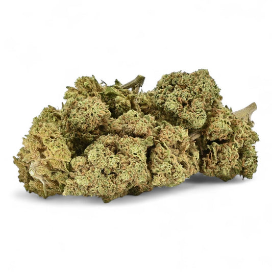 Fleurs de CBD Premium, fleurs séchées vert olive en tas avec petits brins