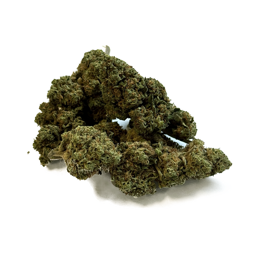 Fleur de CBD verte, buds denses et aspect étalé