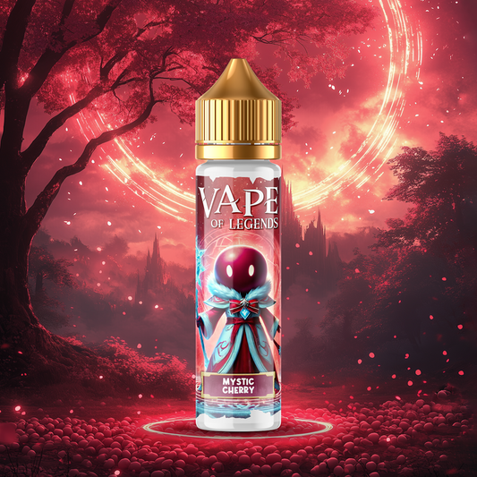 E-liquide Mystic Cherry VAPE OF LEGENDS, flacon avec étiquette cerise et bouchon doré