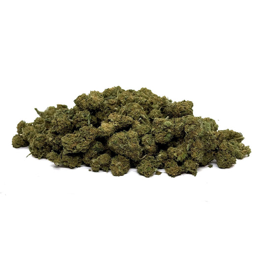 Petites fleurs de CBD séchées, vert olive, bourgeons denses, tas aplati
