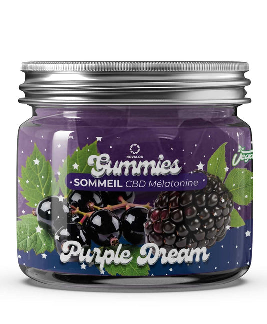 Bocal de gommes CBD pour le sommeil, couvercle argent, face violette Purple Dream.