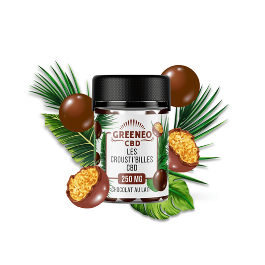 Pot de chocolat au lait Greeneo aux billes CBD, billes chocolatées autour, 250 mg