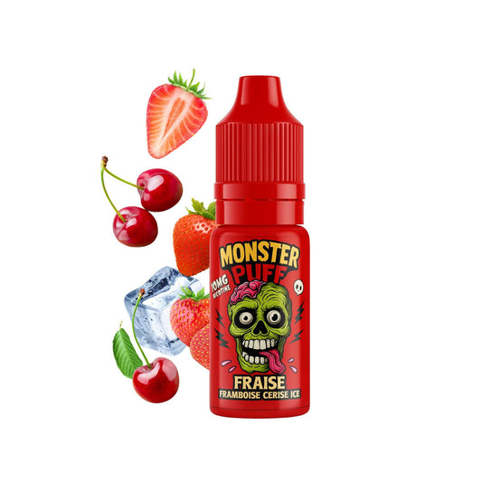 Bouteille d’e-liquide Monster Puff rouge avec illustrations de fraise et cerise