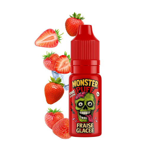 E-liquide Monster Puff fraise glacée, flacon rouge avec illustrations de fraises
