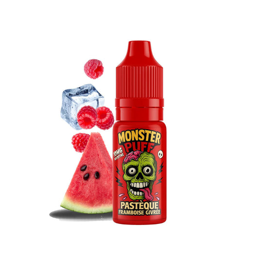 Flacon d’e-liquide Monster Puff rouge avec glaçons, pastèque et framboise givrée