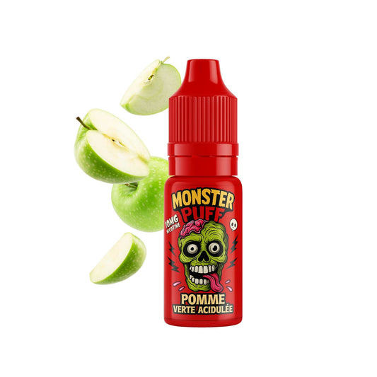 E-liquide Monster Puff pomme verte acidulée, flacon rouge entouré de tranches de pomme