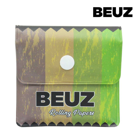 Cendrier de poche BEUZ vert et jaune avec rabat et bouton rond