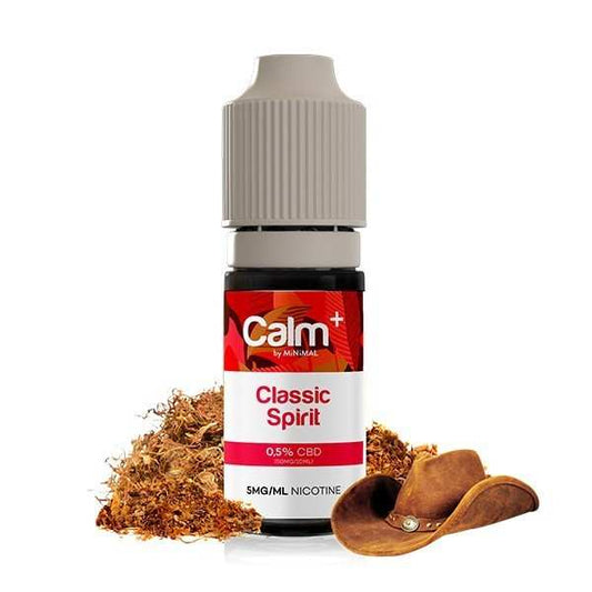 E-liquide CBD Classic Spirit Calm+ 0,5% en flacon noir et gris, avec tabac
