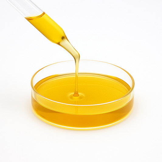 Distillat CBD jaune ambré versé en filet vers un récipient en verre