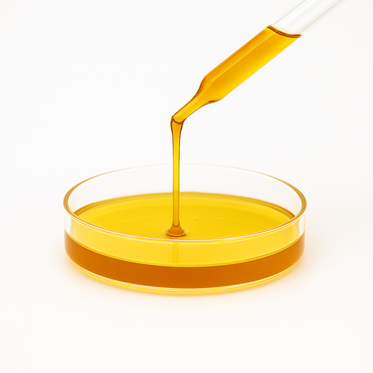 Distillat CBN 50% : filet de liquide jaune ambré vers une coupe en verre
