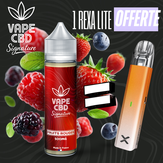 Flacon d’e-liquide CBD Fruits rouges 50 ml, capuchon argenté, 500 mg, avec vape orange