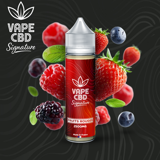 E-liquide CBD Fruits Rouges Vape CBD Signature, flacon rouge 50 ml, 2500 mg