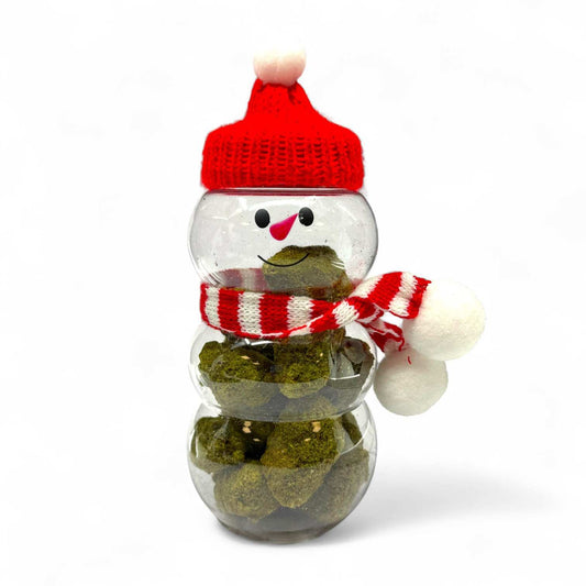 Bonhomme de neige en bocal avec écharpe rouge rayée et bonnet rouge, fleurs CBD vertes
