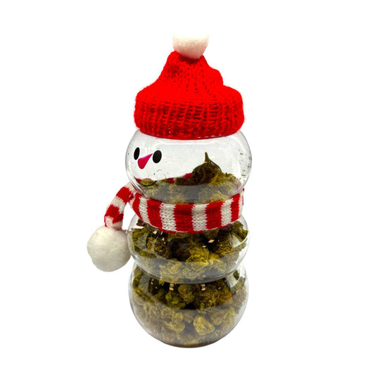 Bonbonne bonhomme de neige en verre, écharpe rouge à rayures et fleurs CBD