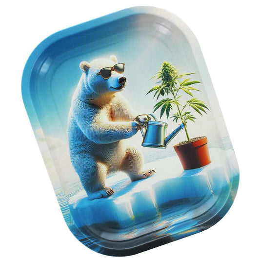 Plateau de roulage Beuz Arctic : ours bleu avec arrosoir et plante en pot.