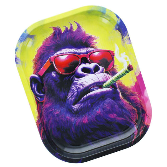 Plateau de roulage Beuz avec gorille violet, lunettes rouges et tige verte, forme arrondie.