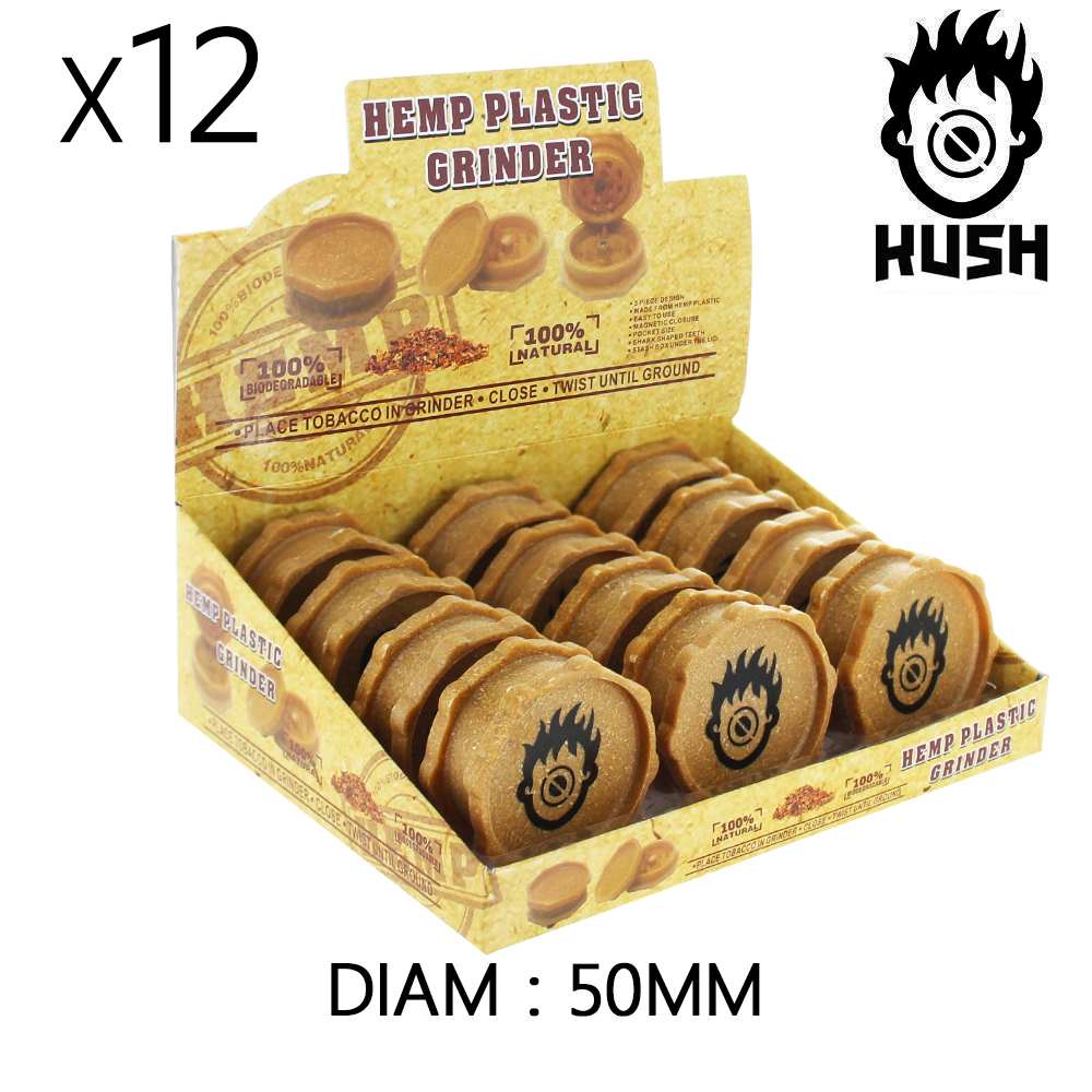 Boîte de grinders en chanvre, diamètre 50 mm, packaging avec plusieurs grinders empilés.