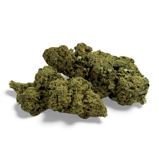 Fleur de CBD séchée en deux morceaux, têtes vertes denses