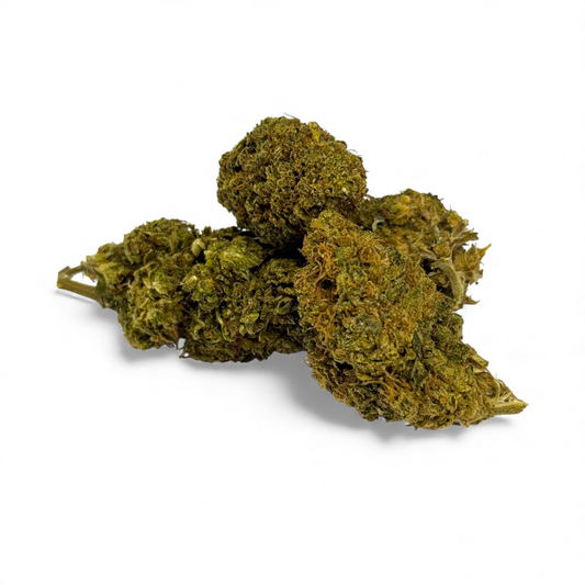 Fleur de CBD Chem Crush Greenhouse : trois boutons verts séchés, tige visible.