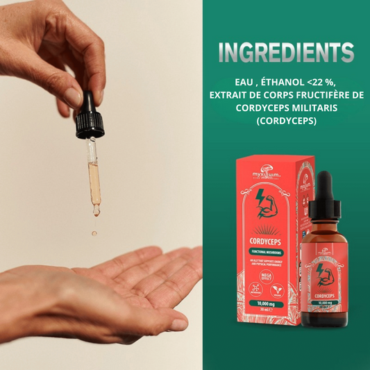 Extrait de Cordyceps MYXILLUIM : flacon avec goutte, boîte, ingrédients visibles.