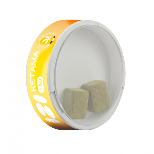 Pollen CBD Ketama 2,5 g dans l’emballage, morceaux vert olive visibles
