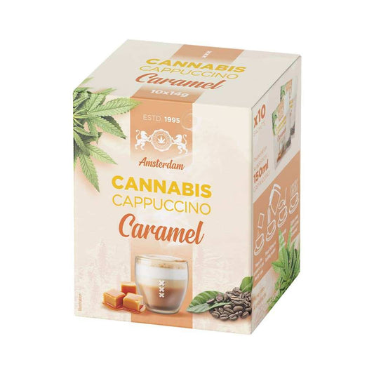 Boîte de cappuccino cannabis Caramel, emballage beige et vert, 10 sachets