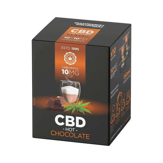 Boîte de chocolat chaud CBD 10 mg MULTITRANCE, emballage noir et orange, 10 unités