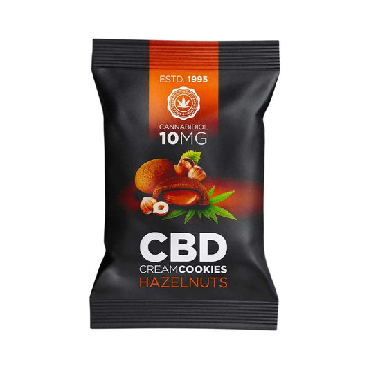 Sachet de biscuits CBD 10 mg aux noisettes, emballage noir et orange.