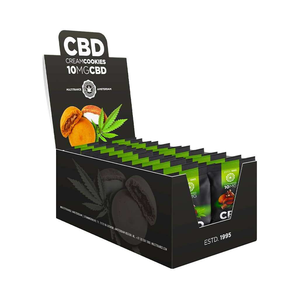 Boîte de présentation avec sachets CBD cookies chocolat 10 mg