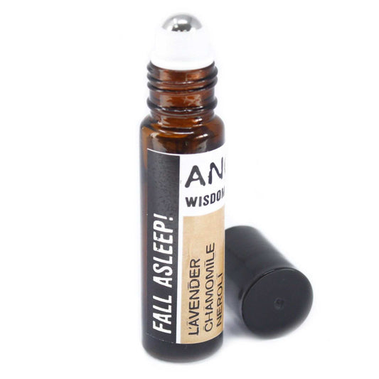 Flacon roll-on d’huiles essentielles 10 ml ambré avec bouchon noir et étiquette.