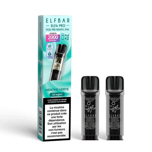 Coffret ElfBar Elfa Pro menthe verte 10 mg/ml, pods noirs rechargeables, pack de 2