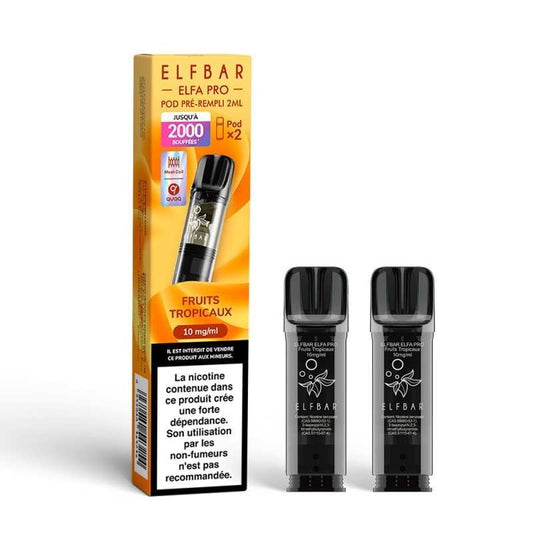 Boîte et 2 pods ElfBar Elfa Pro noirs, arôme fruits tropicaux