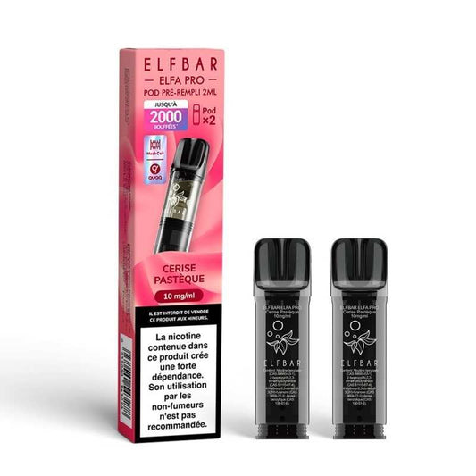 Boîte et 2 pods ElfBar Elfa Pro noirs, pré-remplis, saveur cerise pastèque.