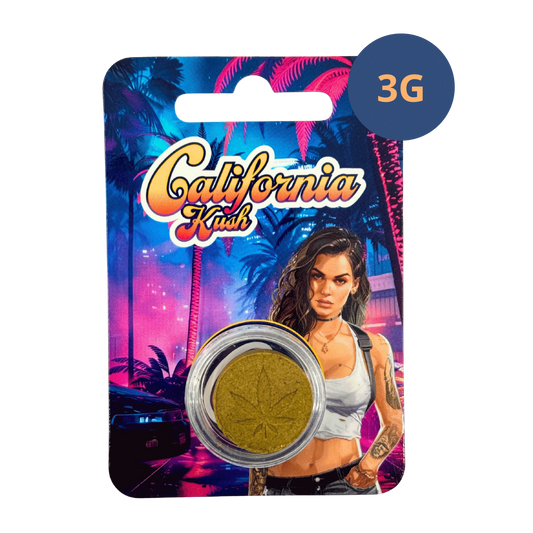 Résine CBD dans pot de 3 g, étiquette California Kush