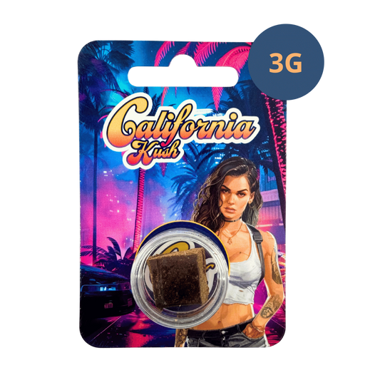Résine CBD brune en pot, emballage California Kush avec mention 3 g.