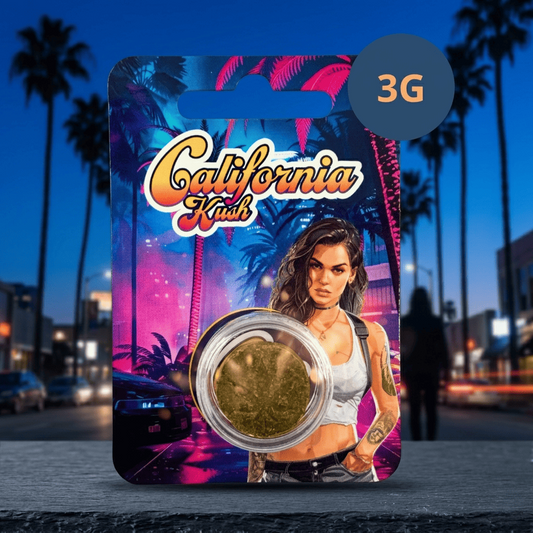 Résine CBD filtrée «California Kush» dans pot, aspect vert, sachet 3 g