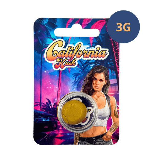 Résine Golden CBD dans emballage California Kush 3 g, pot transparent